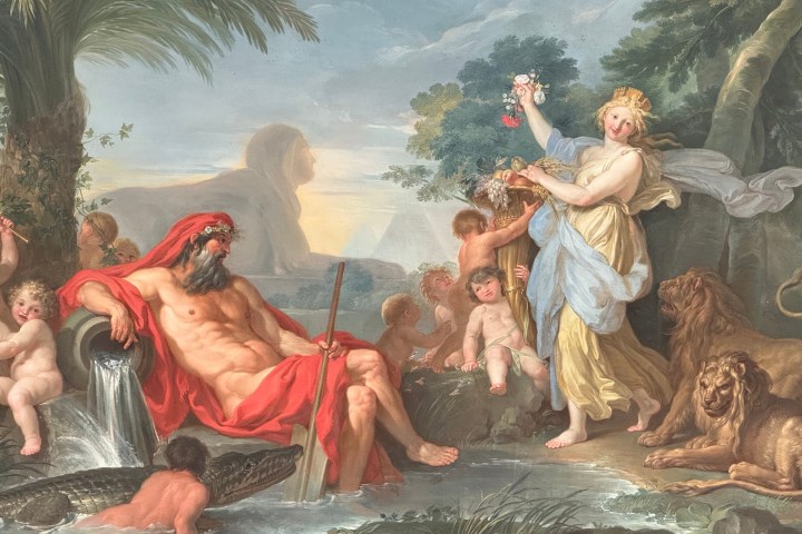 Classical painting of deities with cherubs, river, and animals in a lush landscape.